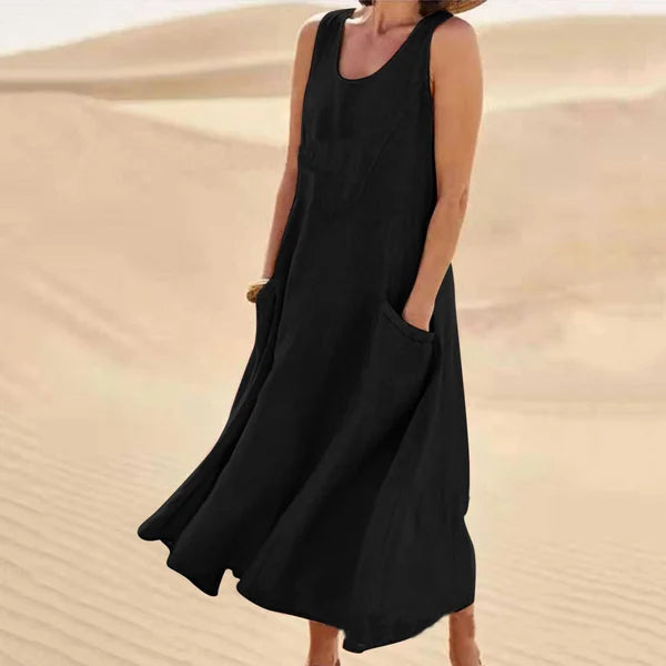 Damen Frühlingskleid, luftiges A-Linien Midikleid mit Kurzarm und Taschen, ideal für warme Sommertage.