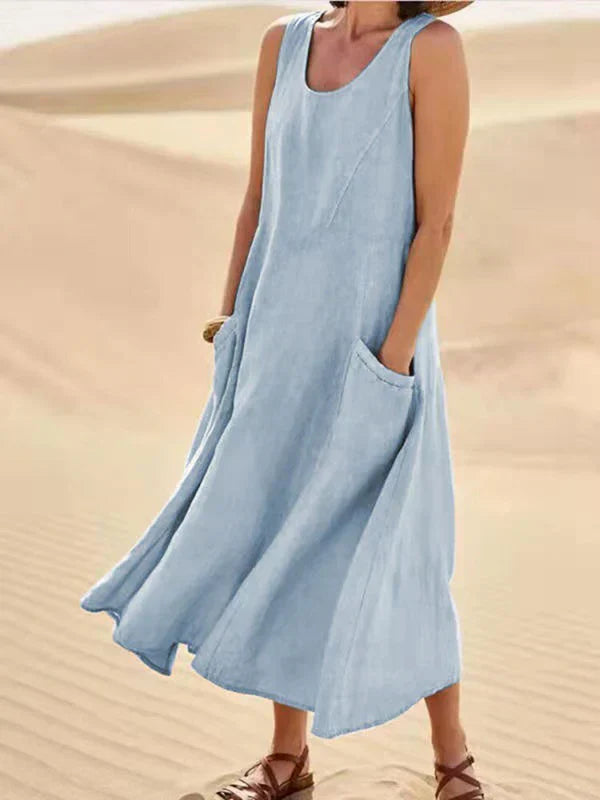 Bequemes Damen Midikleid für Frühling & Sommer, luftig, mit Taschen. Perfekt als Freizeit- oder Urlaubskleid.