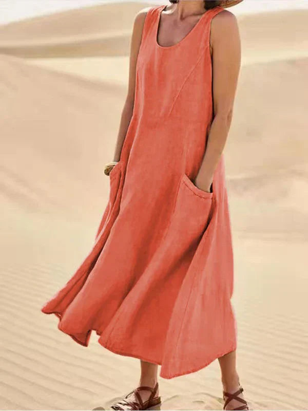 Elegantes Damen Sommerkleid in A-Linie mit Kurzarm und Taschen, vielseitig kombinierbar für frühlingshafte Looks.