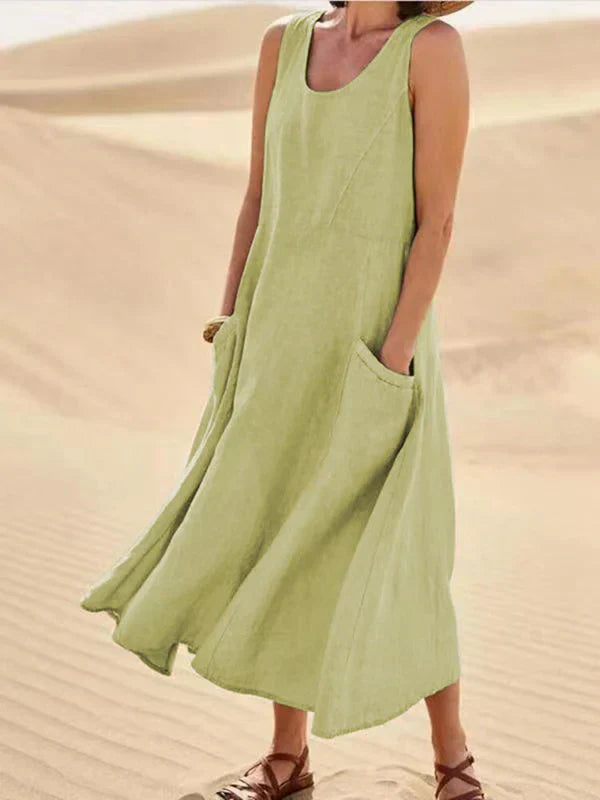 Damen Urlaubskleid, bequemes A-Linien Sommerkleid mit Kurzarm und Taschen. Ideal für Strand und Stadt.