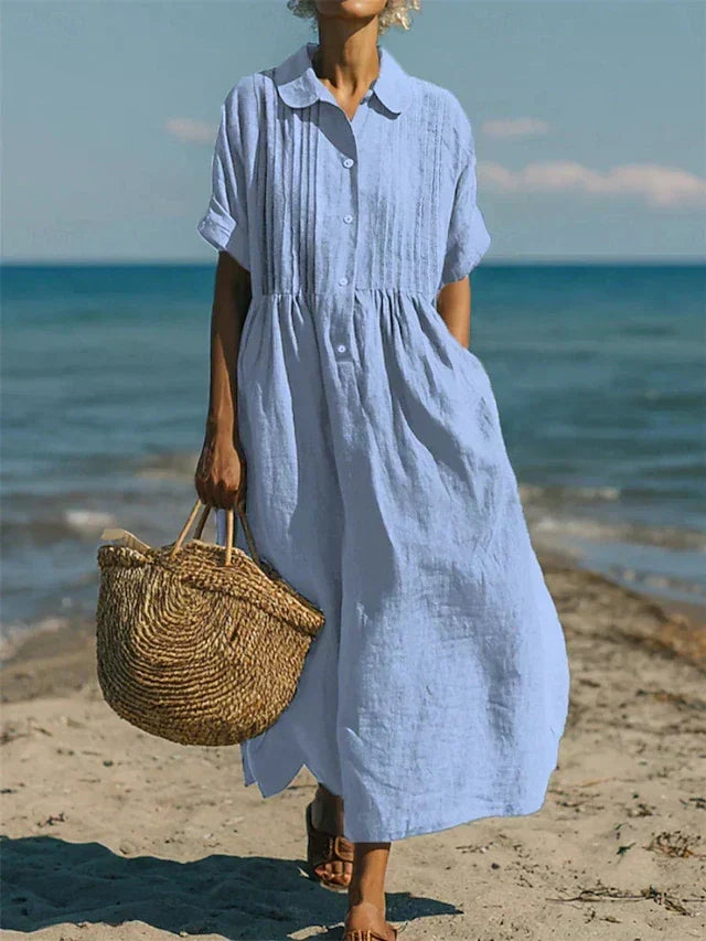 Langes Damen Sommerkleid mit zarten Pintucks, ideal für Strand, Urlaub oder Freizeit.