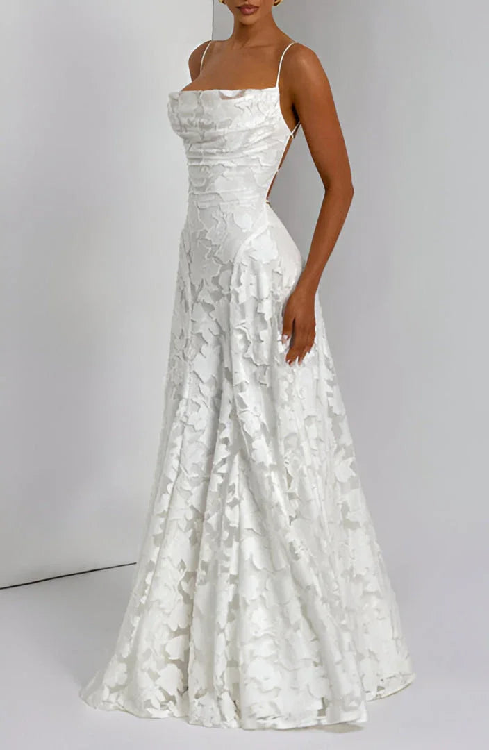 Festliches Damen A-Linie Kleid: Maxikleid mit romantischem Blütenmuster und Spaghettiträgern.