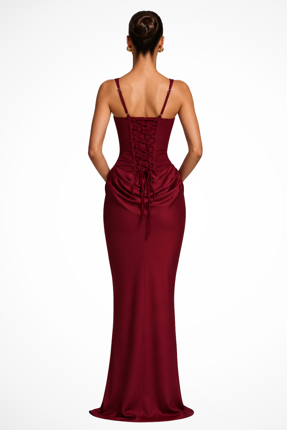 Burgundisches Damen Maxikleid mit Korsett-Optik & eckigem Ausschnitt. Ideal für Hochzeitsgäste & Feiern.