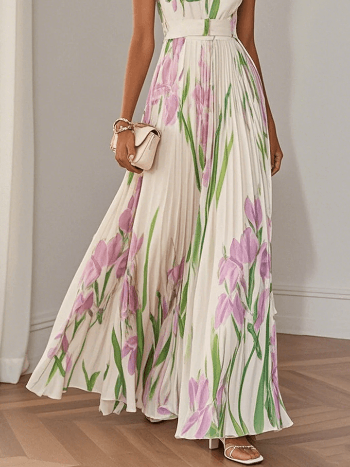 Festliches A-Linien Damen Maxikleid, schulterfrei, mit elegantem Tulpen-Blumendruck, ideal für Hochzeitsgäste.