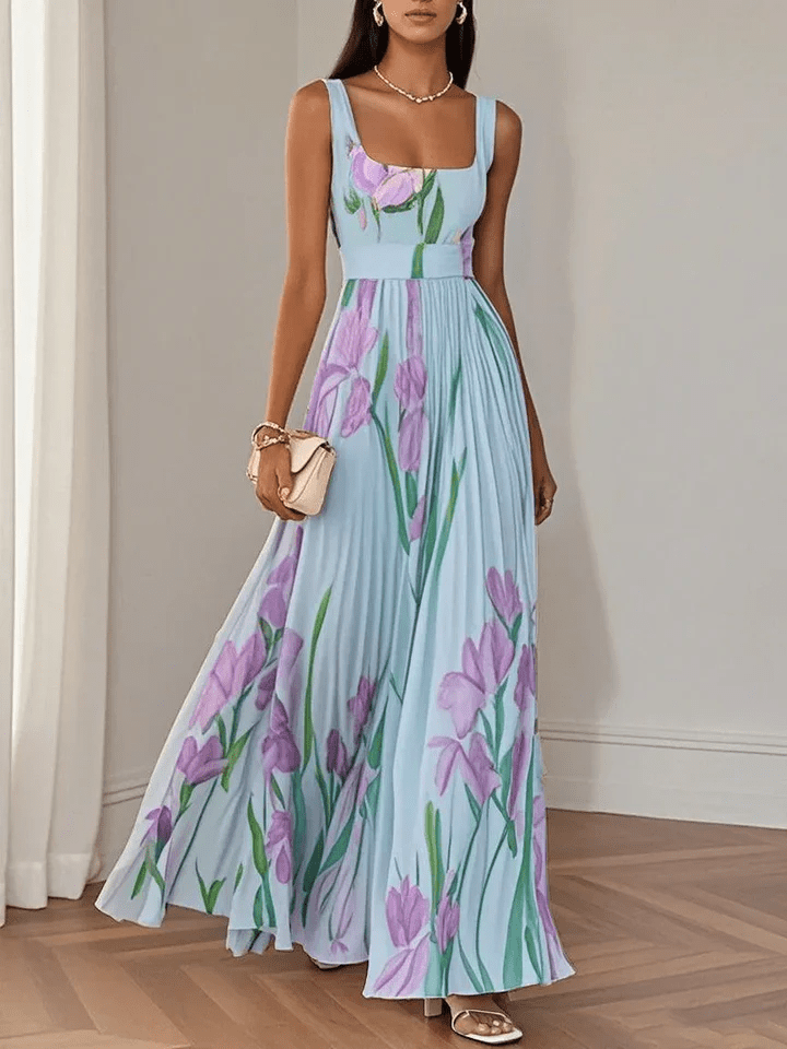 Bequemes, langes Damen Maxikleid mit schulterfreiem Design, Plissee und stilvollem Blumendruck für Freizeit & Feste.