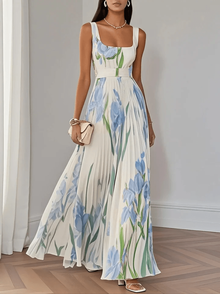 Elegantes Partykleid für Damen: Fließendes Maxikleid in A-Linie mit feinem Plissee und exklusivem Tulpendruck.