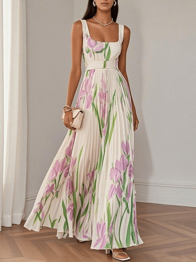 Elegant fließendes Damen Maxikleid mit Plissee-Rock und stilvollem Tulpen-Blumendruck für festliche Anlässe.