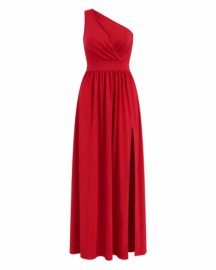 Stilvolles Damen Maxikleid, One-Shoulder-Look und verführerischer Schlitz. Perfekt für besondere Abende.