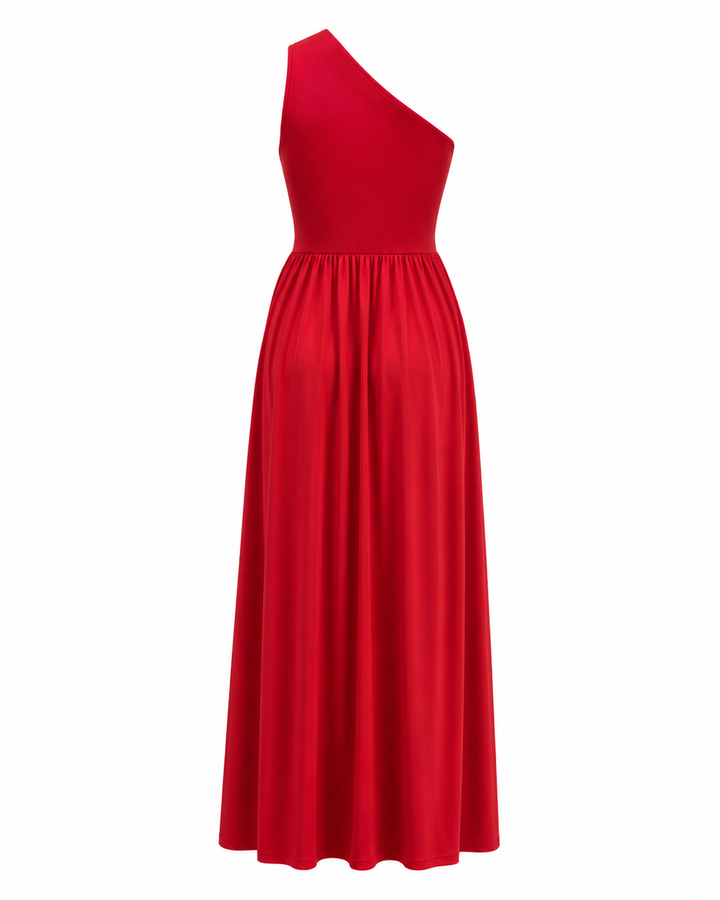 Langes Ballkleid für Damen mit figurbetontem Schnitt, asymmetrischer Schulter und dramatischem Schlitz.