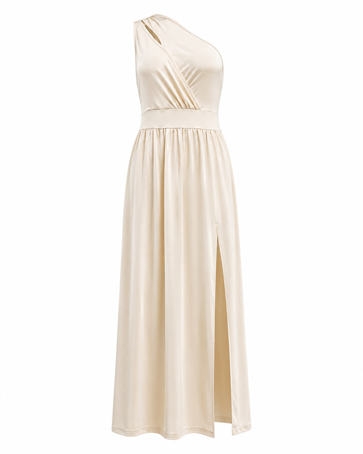 Chic Damen Maxikleid, schulterfrei auf einer Seite, mit elegantem Schlitz. Ideal für festliche Abende.