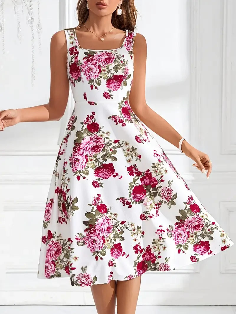 Damen Midi-Kleid mit elegantem Blumenmuster, ärmellos und figurschmeichelnd für den Sommer.