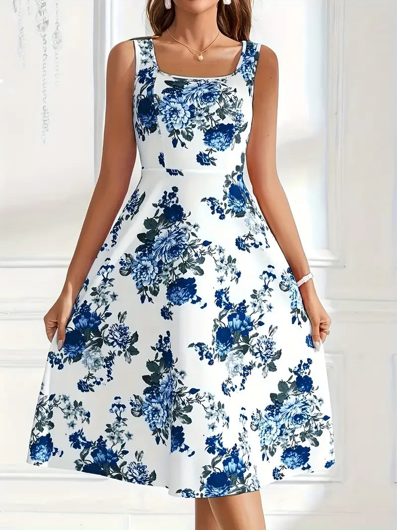 Figurschmeichelndes ärmelloses Midikleid für Damen mit detailliertem Blumenprint. Elegant & modern.