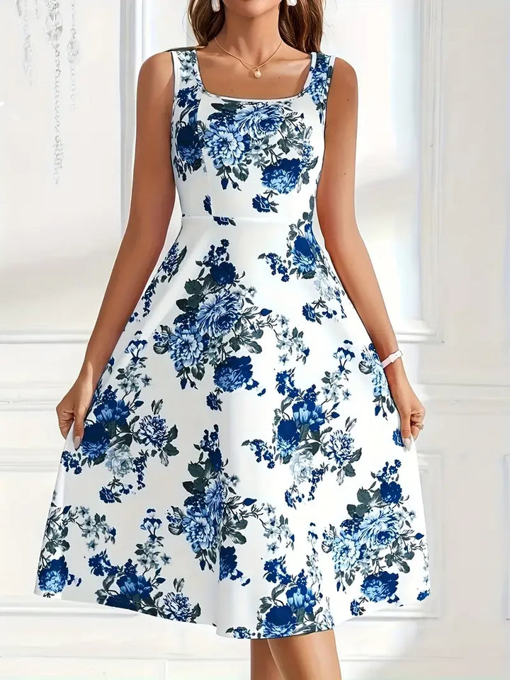 Figurschmeichelndes ärmelloses Midikleid für Damen mit detailliertem Blumenprint. Elegant & modern.