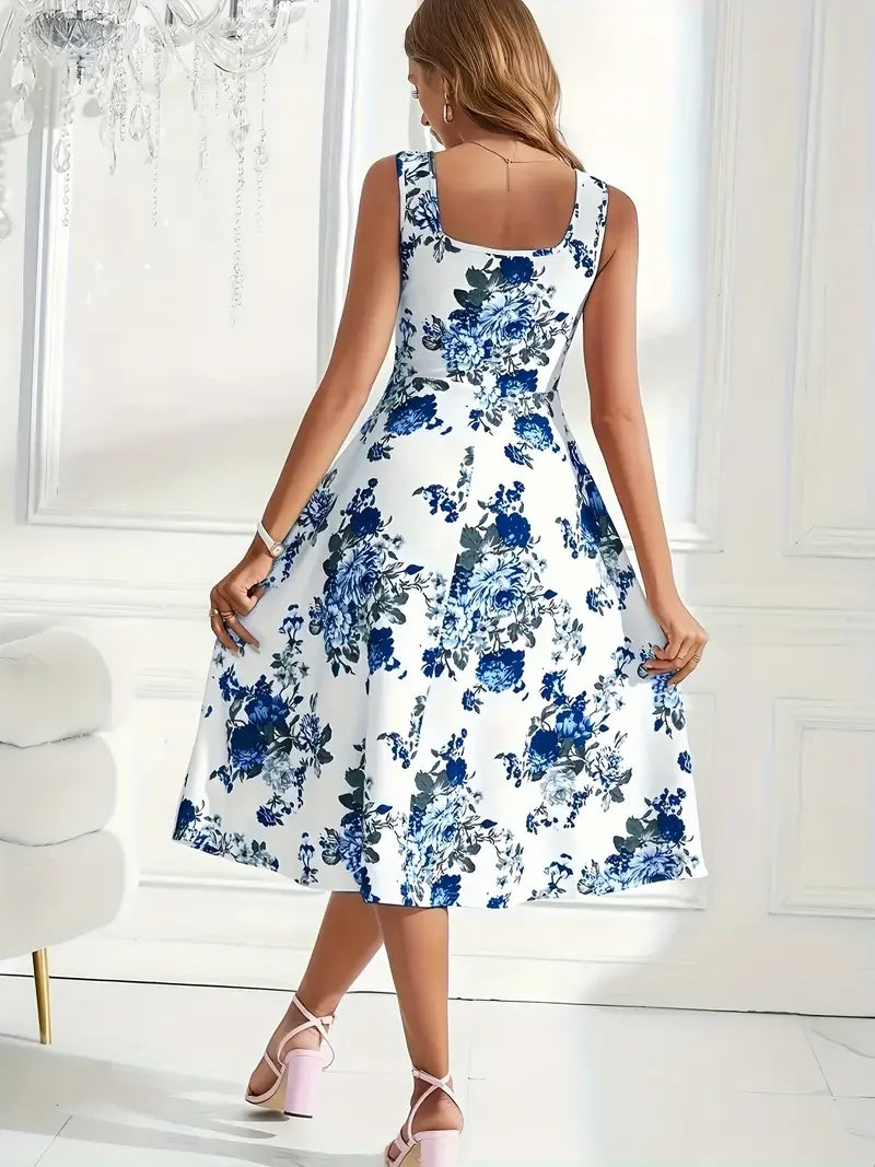 Elegantes Damen Midi-Kleid mit Blumenmuster, perfekt für warme Tage, Sommerabende und Events.