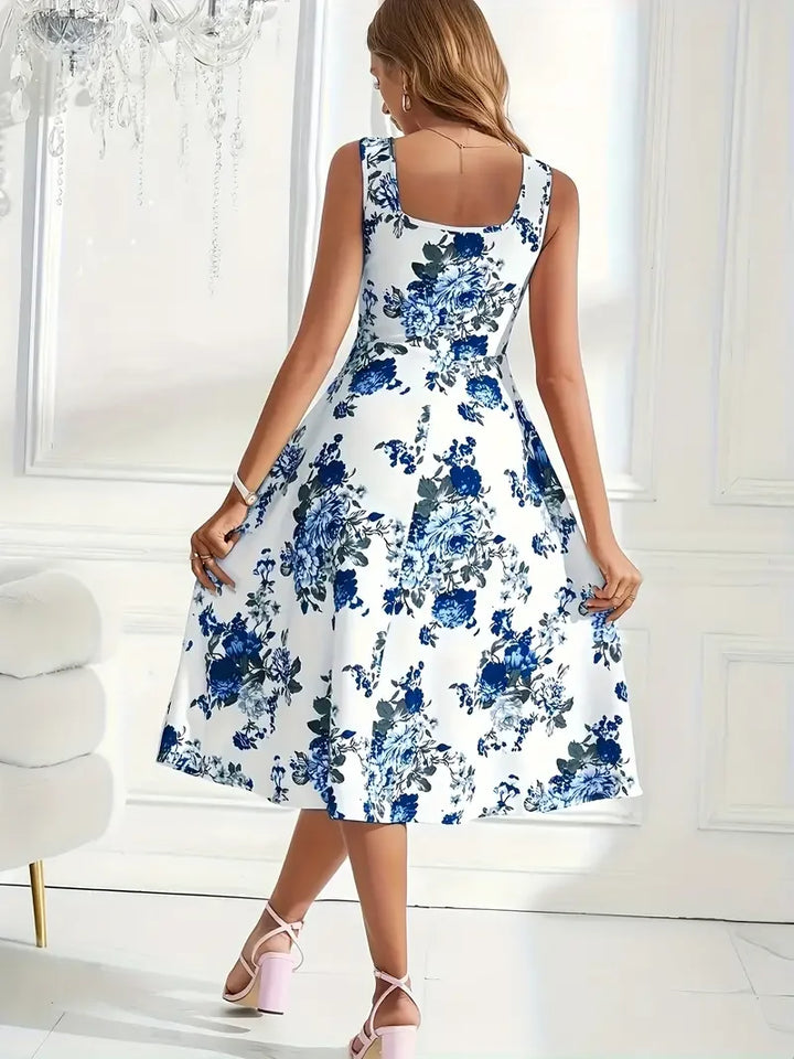 Elegantes Damen Midi-Kleid mit Blumenmuster, perfekt für warme Tage, Sommerabende und Events.