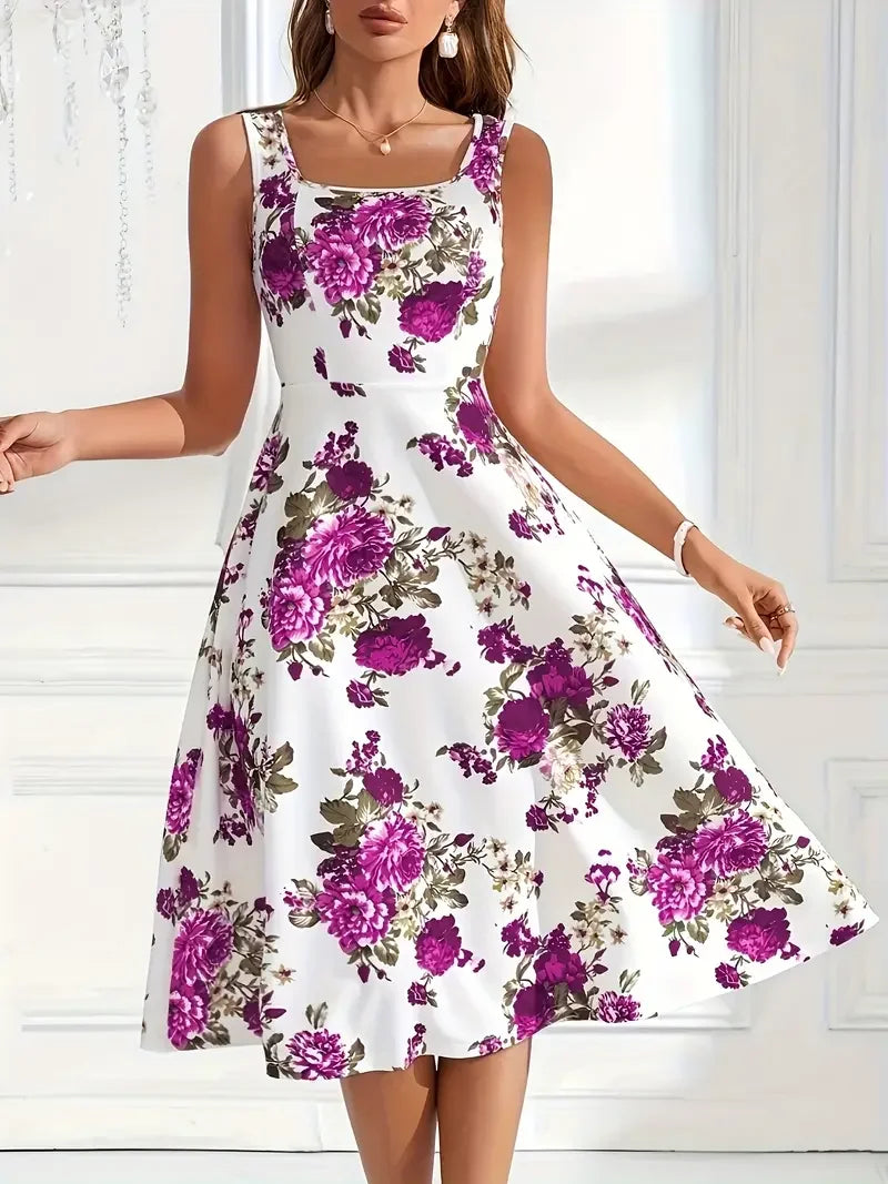 Fließendes Damen Midikleid mit sommerlichem Blumenmuster. Leicht und bequem, ideal für jede Figur.
