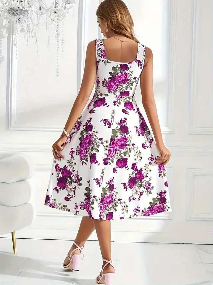 Farbenfrohes Damen Midi-Kleid mit lebhaftem Blumenprint, ein Hingucker. Modisch und vielseitig.