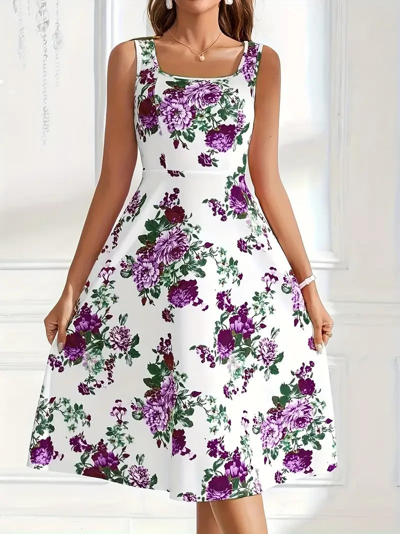 Bequemes figurschmeichelndes Damen Midikleid, ärmellos, mit hübschem Blumenmuster für Outfits.