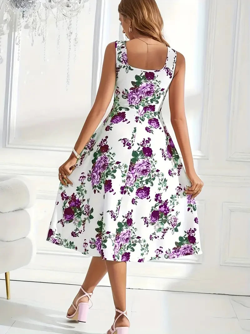 Modisches ärmelloses Damenkleid: Elegantes Midikleid mit Blumenmuster für stilvolle Auftritte.