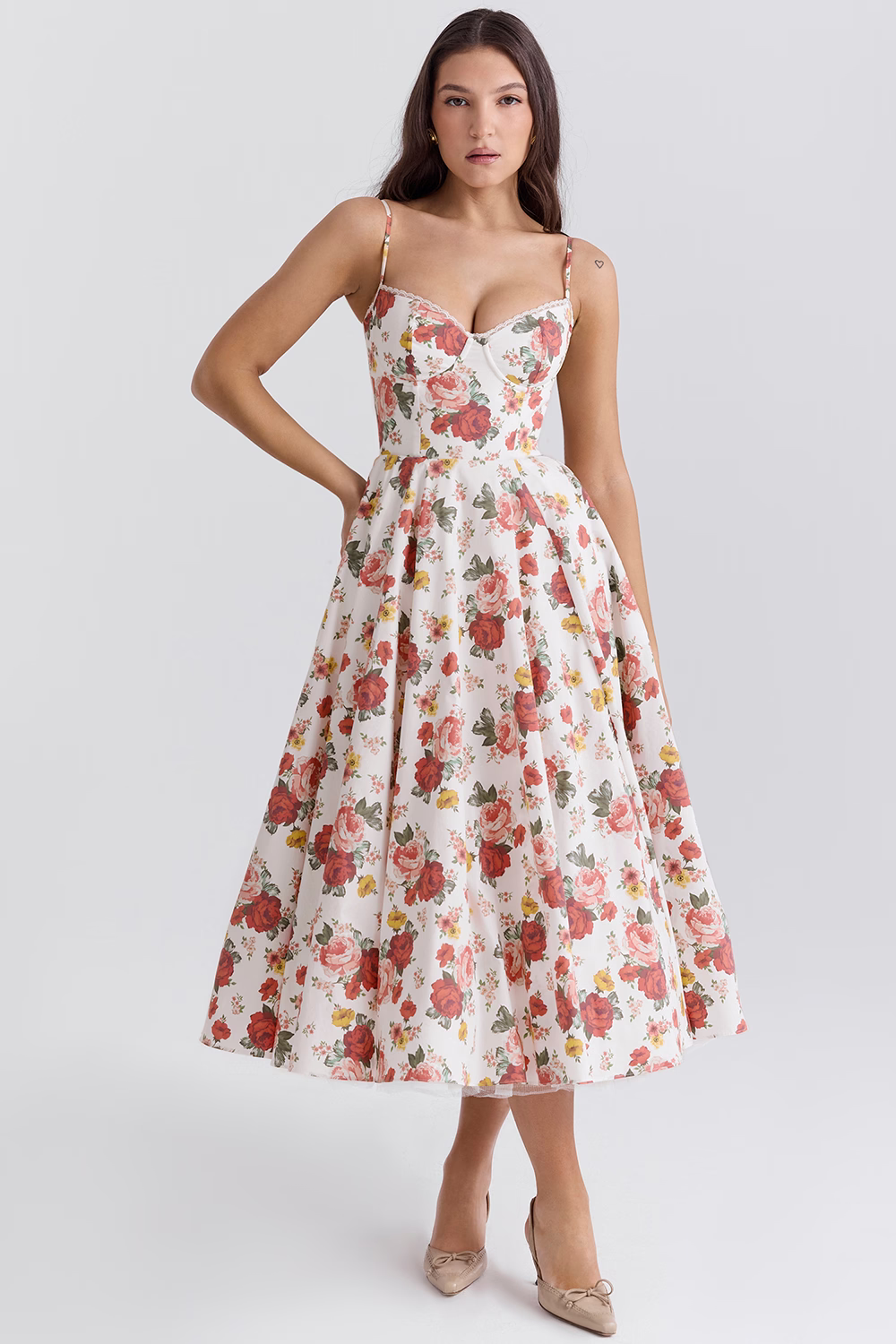 Modisches Damen Midi-Kleid mit Korsett-Oberteil und weitem Rock. Ideal für Partys und Feiern.