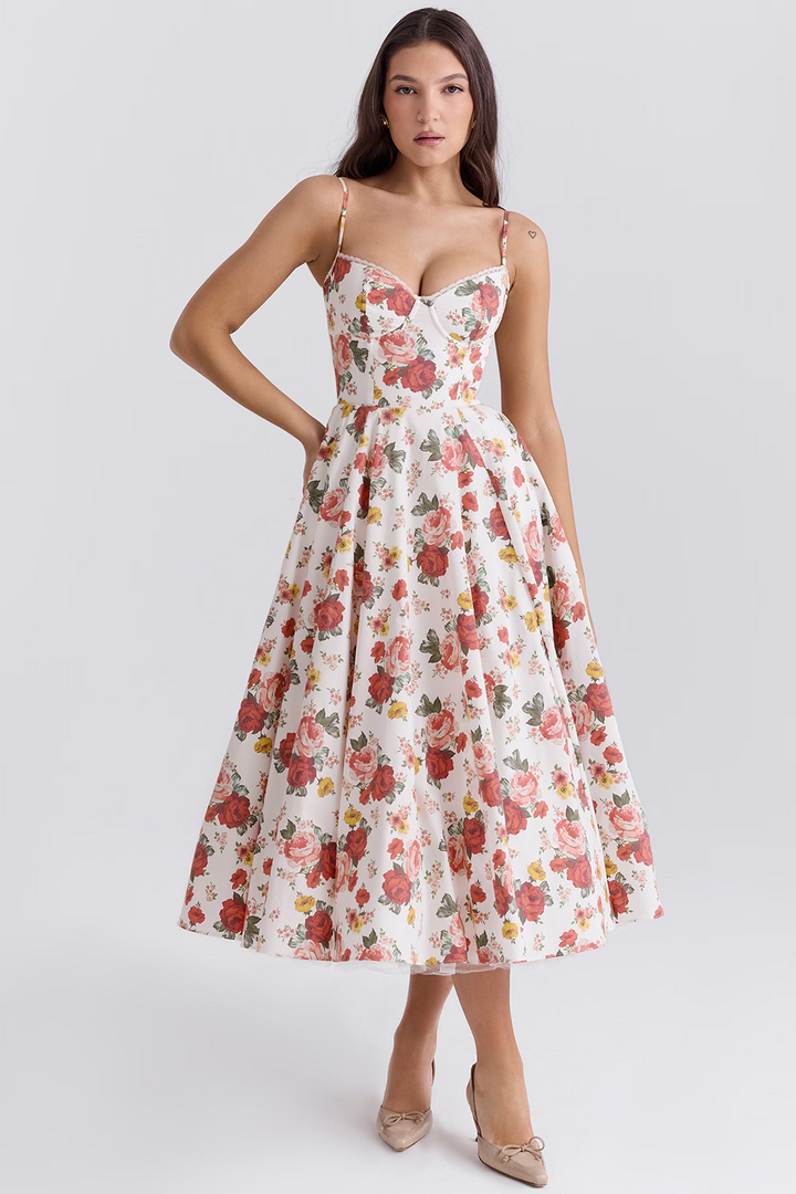 Modisches Damen Midi-Kleid mit Korsett-Oberteil und weitem Rock. Ideal für Partys und Feiern.