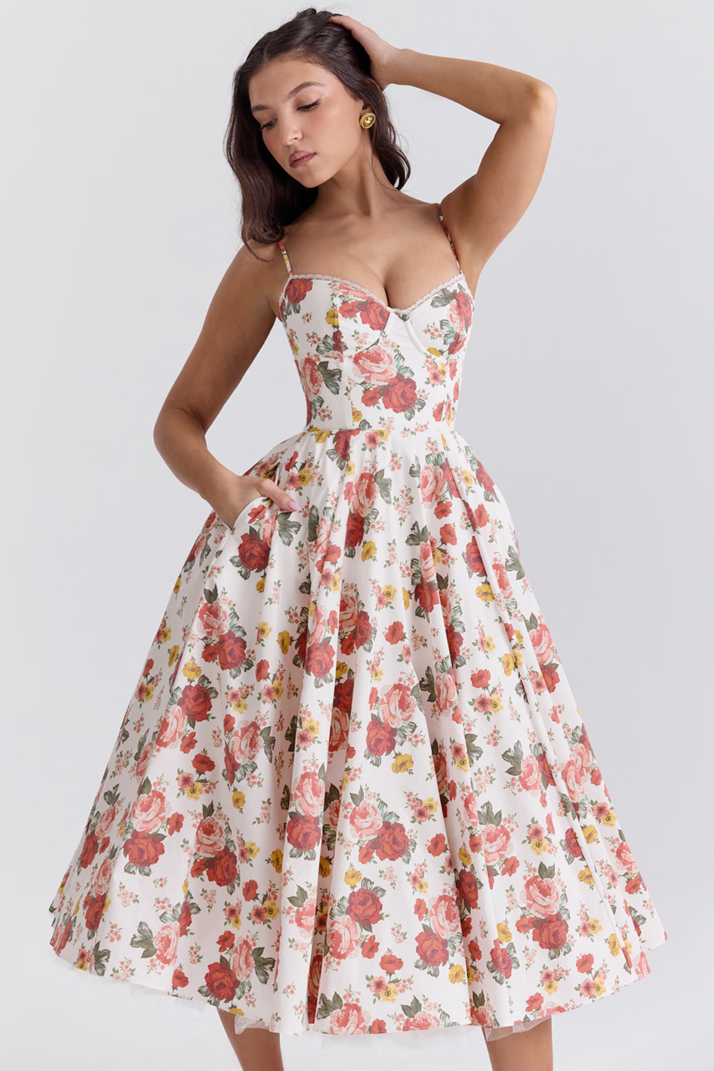 Festliches Damenkleid Midi: Elegant mit Korsett, Herz-Ausschnitt, fließender Rock. Perfekt für Gäste.