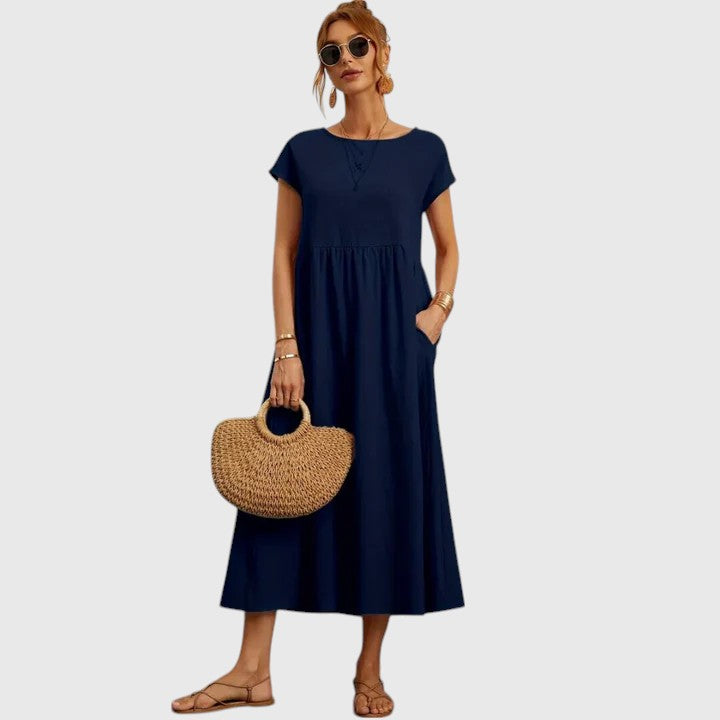 Damen Midikleid, kurzärmlig, Rundhals, bequem & entspannt für Freizeit & Sommer.