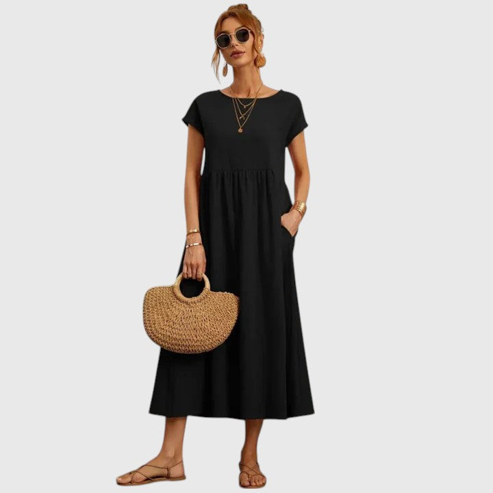 Luftiges Damen Sommerkleid Midi-Länge mit Rundhals, ideal für warme Tage & entspannte Looks.