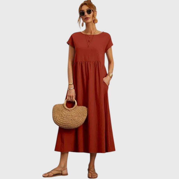Stylisches Damen Sommerkleid, Midi-Länge, mit Rundhals & Kurzarm, ideal für Freizeit & Urlaub.