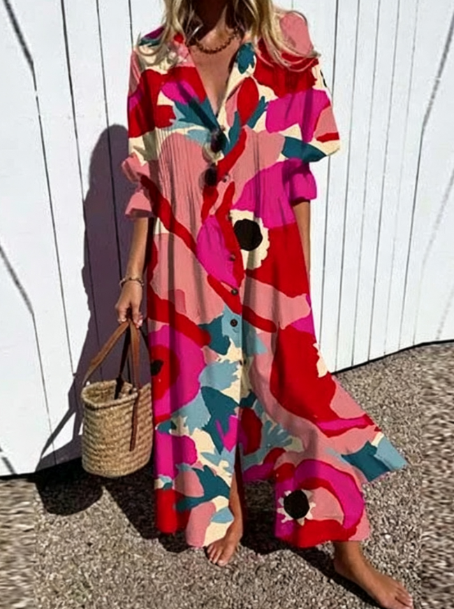 Frühlingshaftes Damen Midikleid, lebhaftes Blumenmuster. Dein bequemes Frühlingsoutfit.