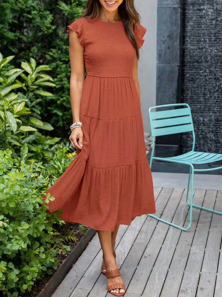 Damen Midikleid mit Rüschenärmeln, vielseitig und bequem für Freizeit & Urlaub.