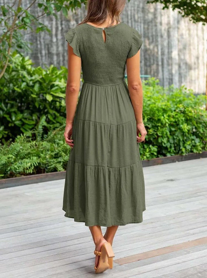 Komfortables Damen Freizeitkleid, Midilänge, mit stylischen Rüschenärmeln und Rundhalsausschnitt.