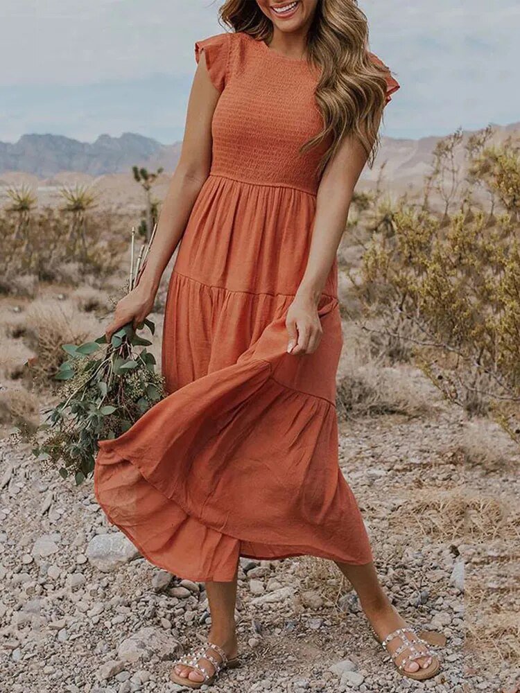 Damen Midikleid mit Rundhals, gestuftem Design und charmanten Rüschenärmeln – für Sommer & Urlaub.