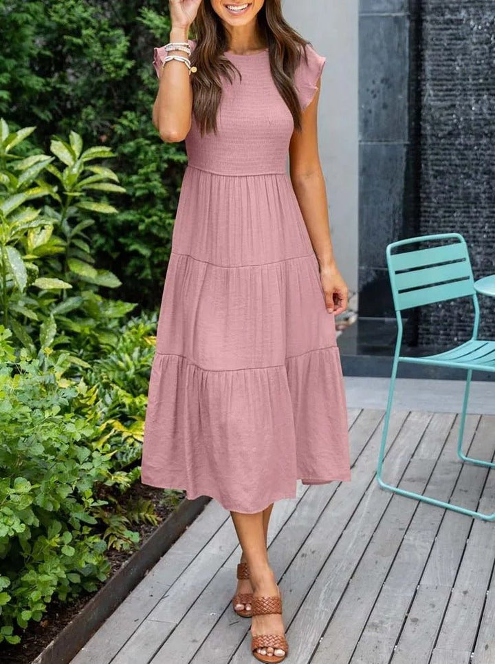 Praktisches Damenkleid Midilänge mit Rüschenärmeln, vielseitig für Freizeit, Urlaub und Alltag.