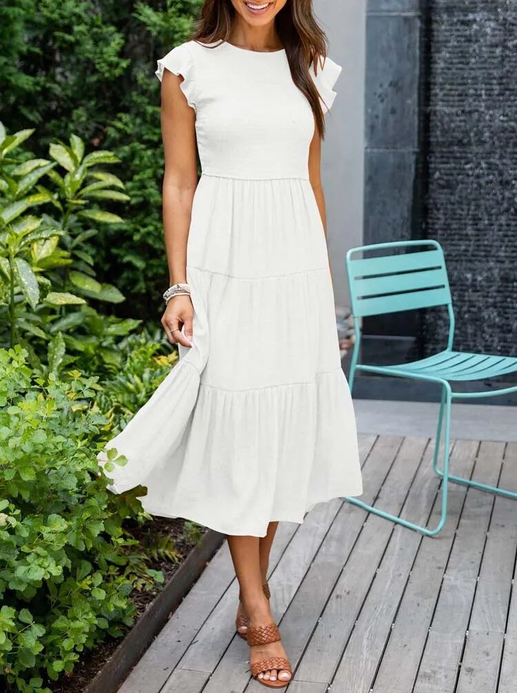 Damen Midikleid mit Rundhals, Rüschenärmeln, gestuftem Design – vielseitig, bequem, elegant.
