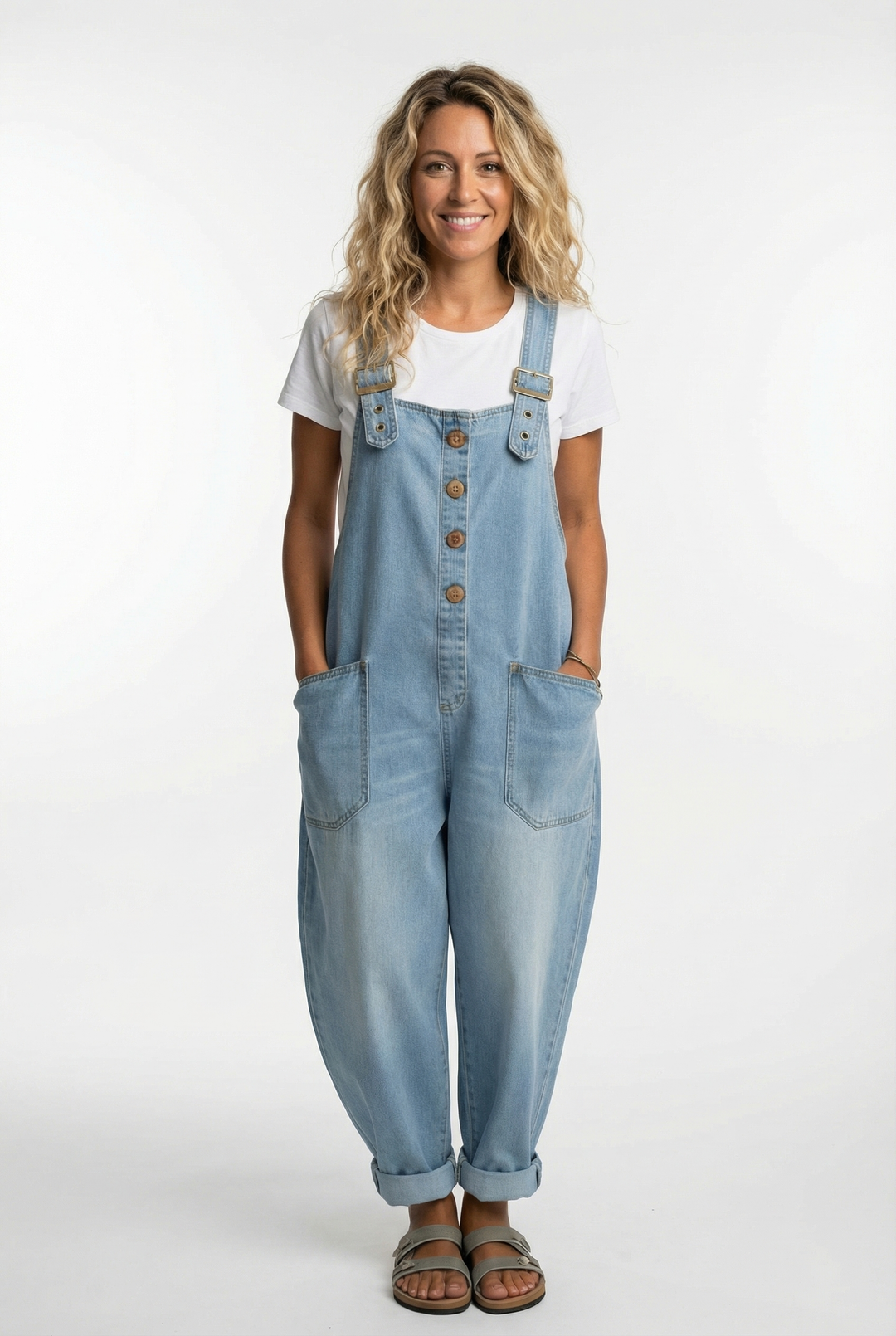 Damen Nora Jumpsuit, locker geschnitten, mit verstellbaren Spaghettiträgern und praktischen Fronttaschen.