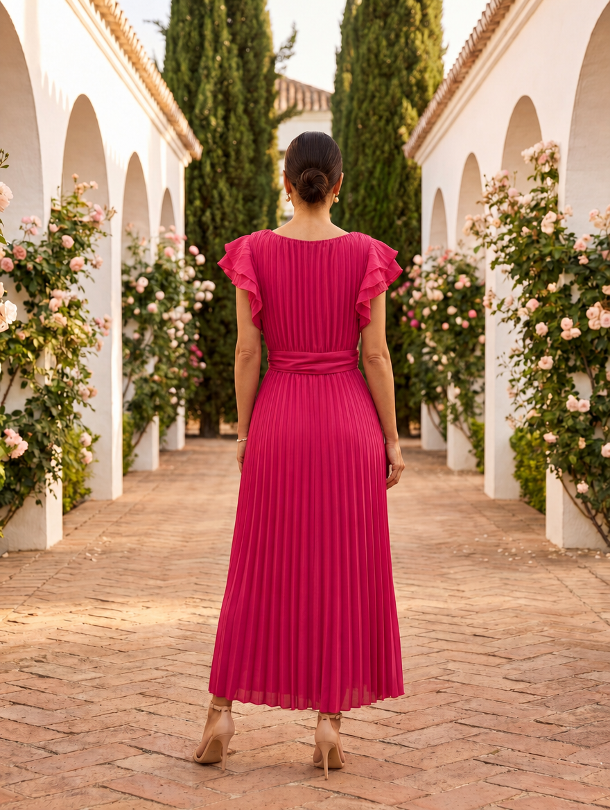 Detailaufnahme: Fließendes Damen Plissee Maxikleid. Perfektes festliches Abendkleid für stilvolle Hochzeitsgäste.