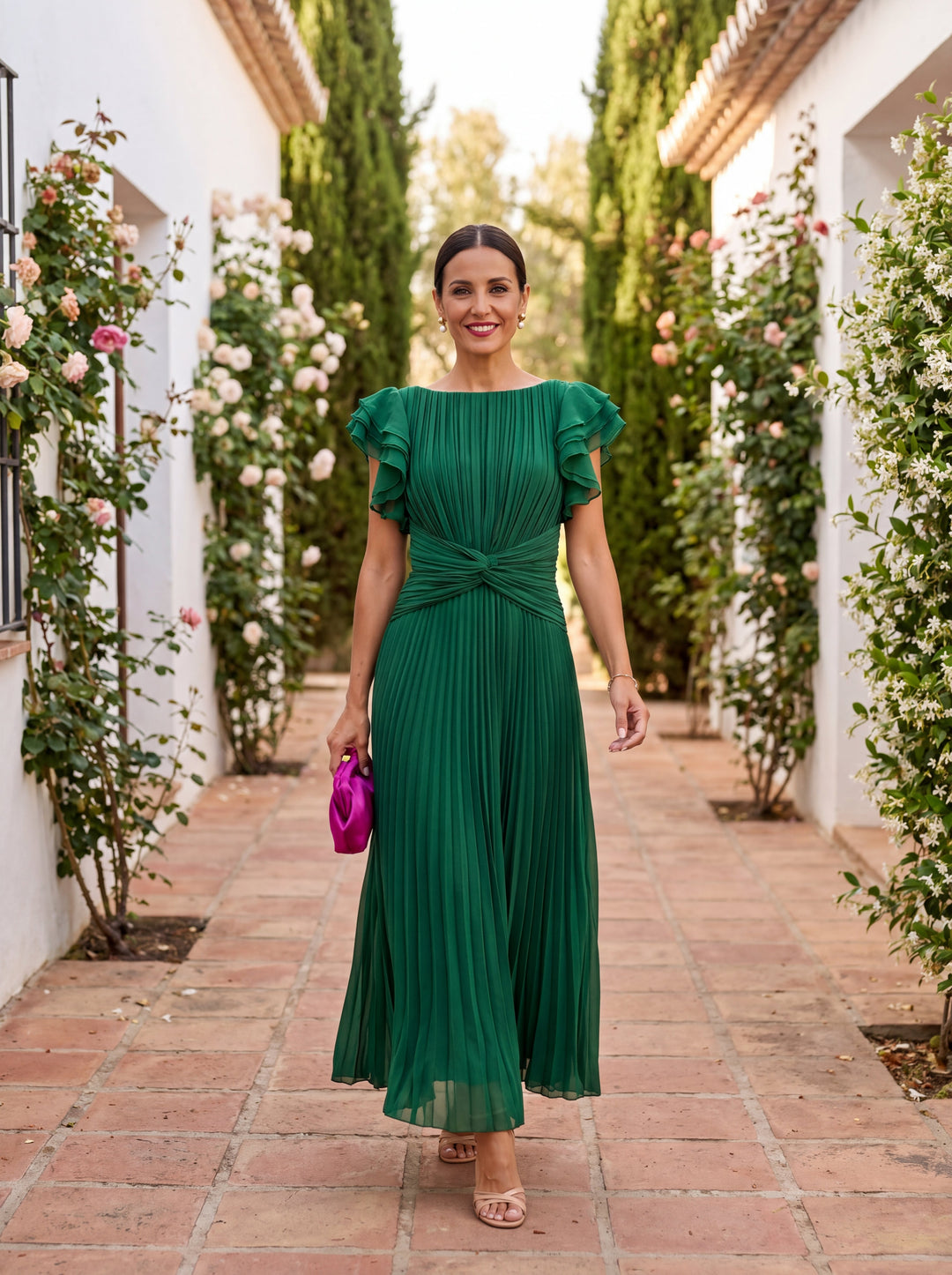 Modisches Damen Plissee Maxikleid in voller Länge. Ein elegantes Abendkleid für besondere Anlässe wie Hochzeiten.