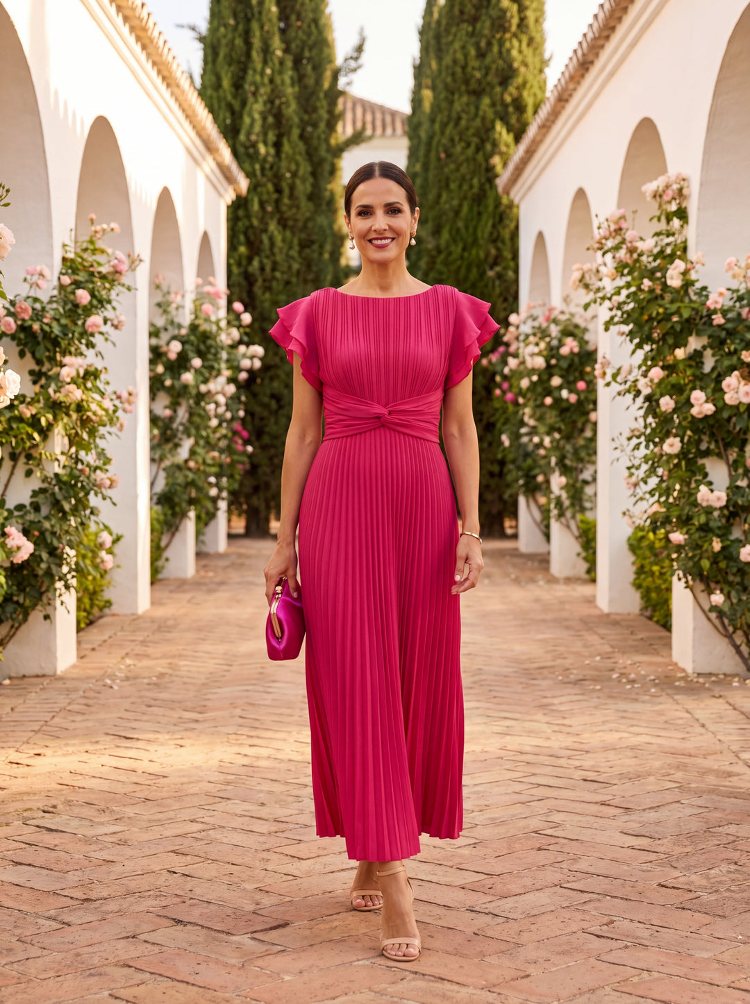 Elegantes Damen Plissee Maxikleid für Hochzeitsgäste. Fließender Stoff, ideal für besondere Anlässe.