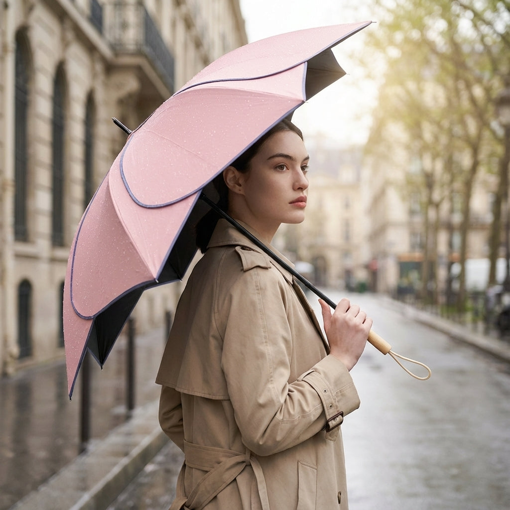Damen Regenschirm mit Blumenmotiv und Holzgriff, elegant und wetterfest für zuverlässigen UV-Schutz.