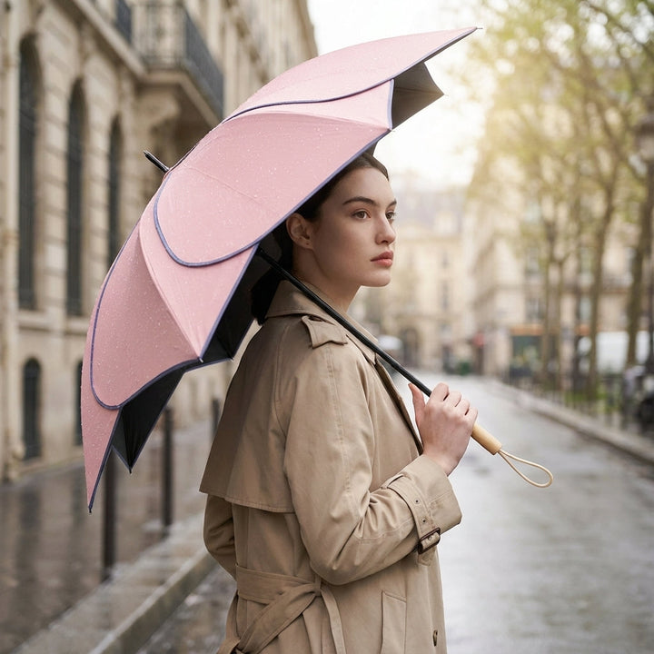 Damen Regenschirm mit Blumenmotiv und Holzgriff, elegant und wetterfest für zuverlässigen UV-Schutz.