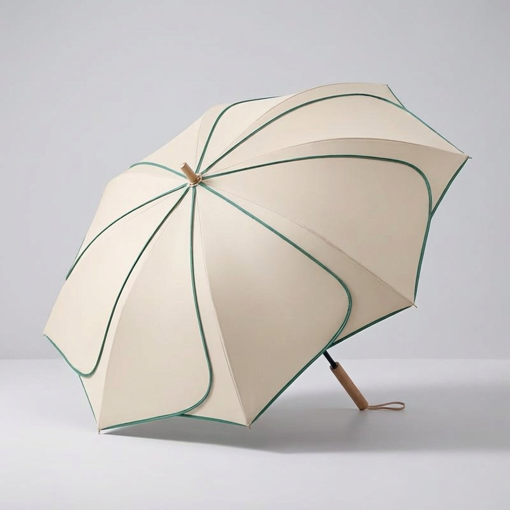 Wetterfester Damen Regenschirm mit wunderschönem Blumenmotiv, UV-Schutz und komfortablem Holzgriff.