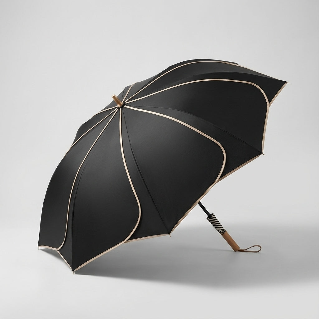 Damen Regenschirm mit elegantem Blumenmuster, robustem Holzgriff und widerstandsfähigem Stoff für UV-Schutz.