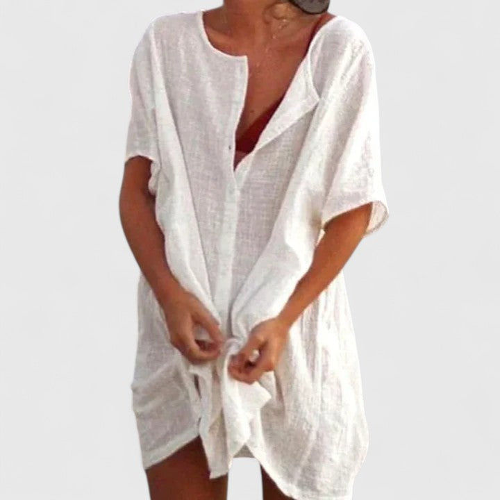 Lässiges Damen Sommerkleid, knielang, mit V-Ausschnitt, bequem und locker, ideal für Freizeit.