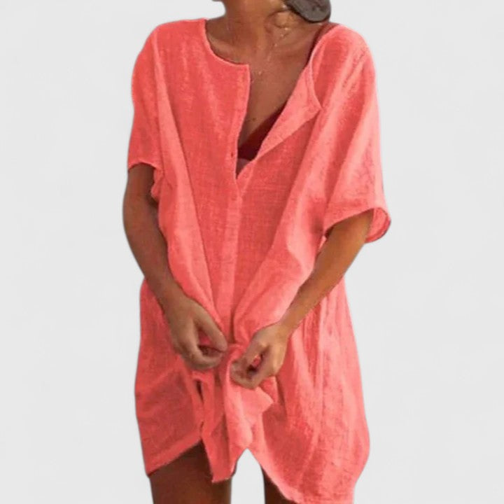 Lockeres Damen Midikleid im Relaxed Fit, einfarbig, mit V-Ausschnitt, perfekt für entspannte Tage.