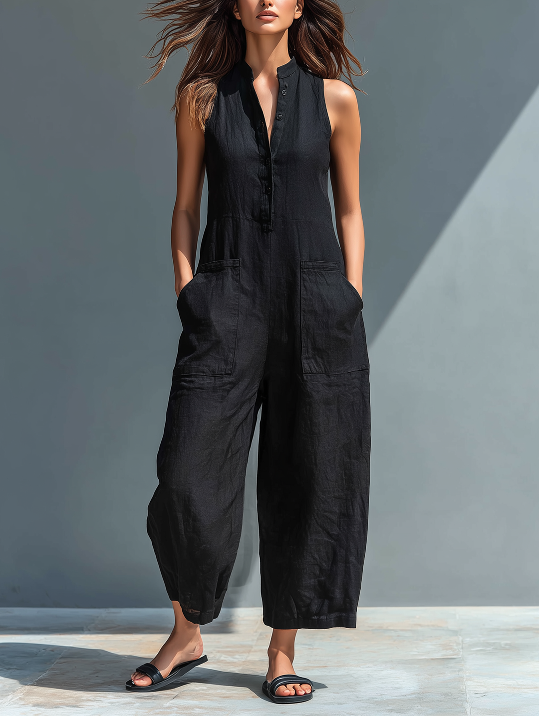 Damen ärmelloser Sommer Jumpsuit mit praktischen Taschen, locker geschnitten für Freizeit und Komfort.
