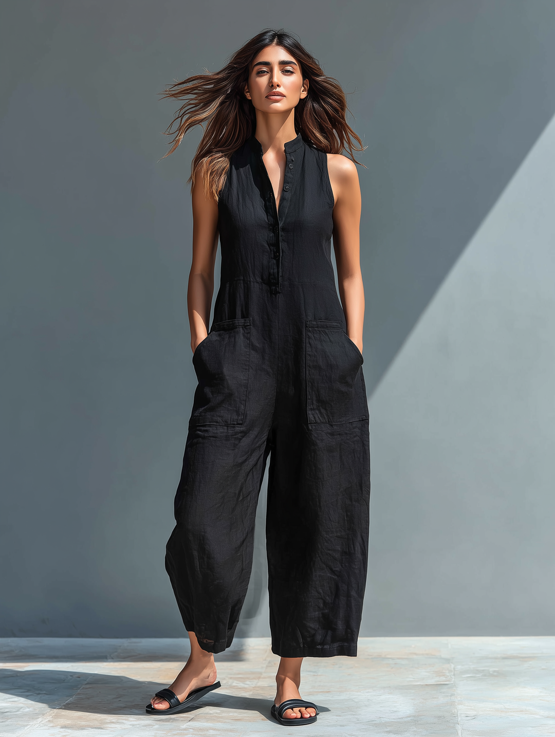 Locker geschnittener Damen Jumpsuit ärmellos für den Sommer, bequem und stilvoll mit praktischen Taschen.
