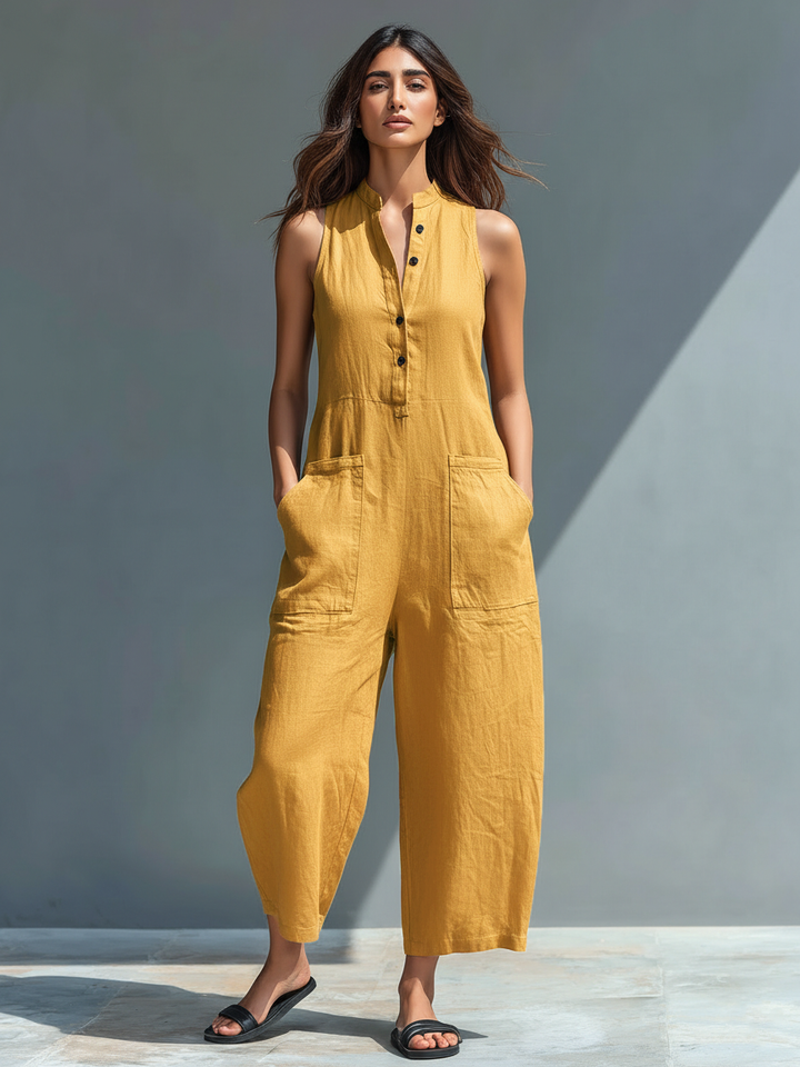 Vielseitiger Damen Sommer Jumpsuit ärmellos, locker geschnitten und bequem, mit Taschen für lässige Eleganz.