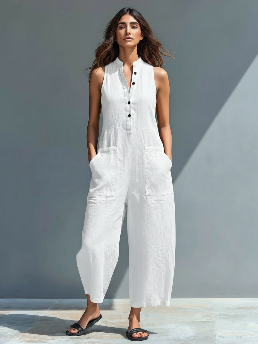 Moderner Damen Ärmelloser Jumpsuit für den Sommer, bequem, stilvoll und mit praktischen Seitentaschen.