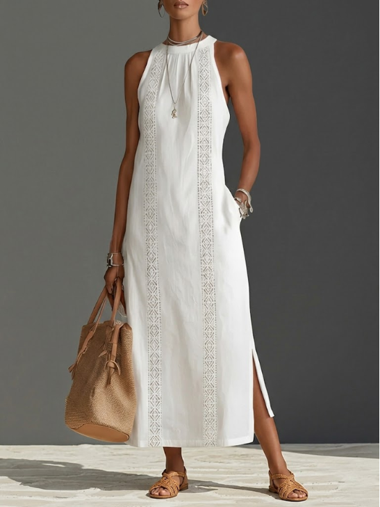 Damen ärmelloses, besticktes Sommer Maxikleid in fließendem Design, perfekt für Freizeit.